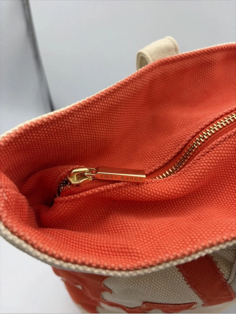 Tory Burch Beige Canvas Tote with Orange Logo Accent beach or summer handbag